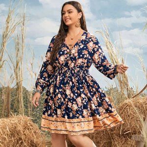 Plus Floral Print Shirred Waist Roll Up Sleeve Dress